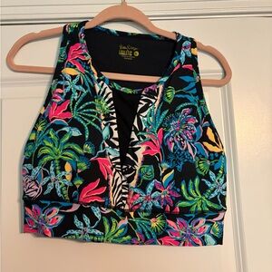 Lilly Pulitzer Black Floral V-Neck Cropped Sports Bra Luxletic size XL